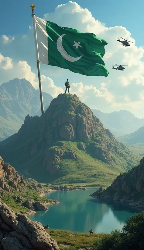 Beautiful Pakistan flag top of beautiful hill with milatary helicopter surrounded by beautiful lake beside tigers moving in the sky the name displaying as Sahil Christ 