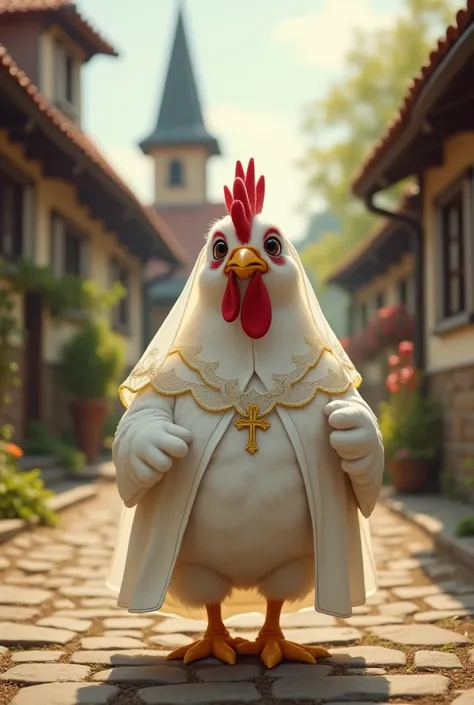 Chicken wearing white going to church 