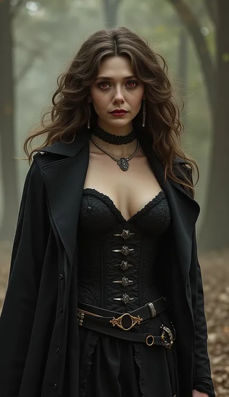 woman with curly brown hair, slightly ashy hair, pale skin color, Red eyes, fright, in a corset and with belts, Dark fantasy character design., dark elf tiflin, , Exquisite and epic character art., dark fantasy art, looks like elizabeth olsen , barely havi...