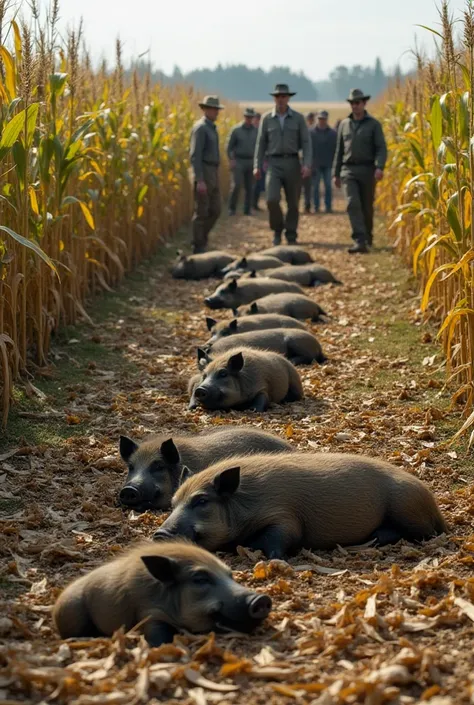 A field of corn with many wild boars lying on the ground, some appearing lifeless. The corn stalks are partially destroyed, indicating recent activity. In the background, a group of people in outdoor hunting or farming attire are observing the scene. The l...