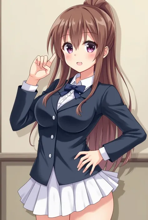 Can you draw Kirara amanogawa from preview series, on her school uniform, with a really toned body, nice curves, and big thighs, she has a mocking expression, pov sheis with her index and thumb indicating something is tiny, she is close to the pov like she...