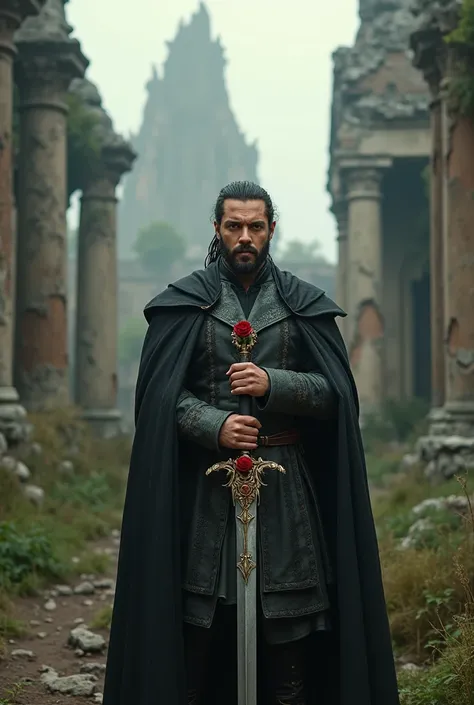 Create passionate and influential man, lost city behind and a rose-sword in his hands 