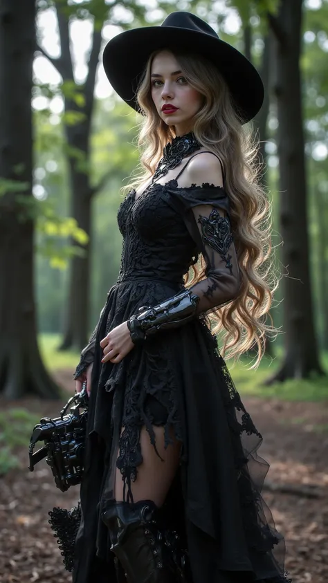  that cuts through the height of the detail {x} Girl in thin gothic dress doing fashion photo shoot in cowboy pose， emanates a lovely and innocent air ， with attractive touch ，Lip filled ，slim figure， smile Lightweight 。 The vivid colors with the mysteriou...