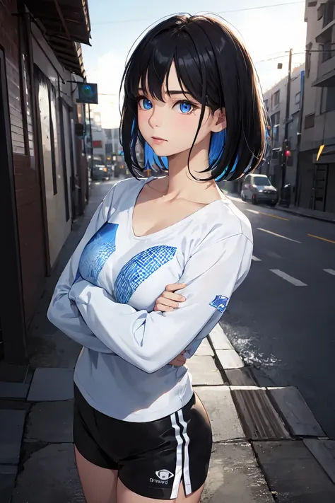 Add-detail
1girl, Solo, Blue Eyes, Black Hair, Medium Hair, Hair Intakes, Split hair

Medium Breasts, blue and white clothes with printed, long sleeves, collarbone, black shorts

Outdoor, Cowboy Shot, 8k, arched back, realistic, crossed arms