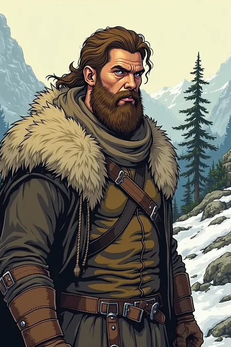 A realistic medieval fantasy portrait of a tall, fierce young barbarian of 25 years. His left eye socket is empty. Where his left eye was are burn-marks. As a result of his missing eye he looks very fierce.  
He wears clothes made of furs, leather and wool...