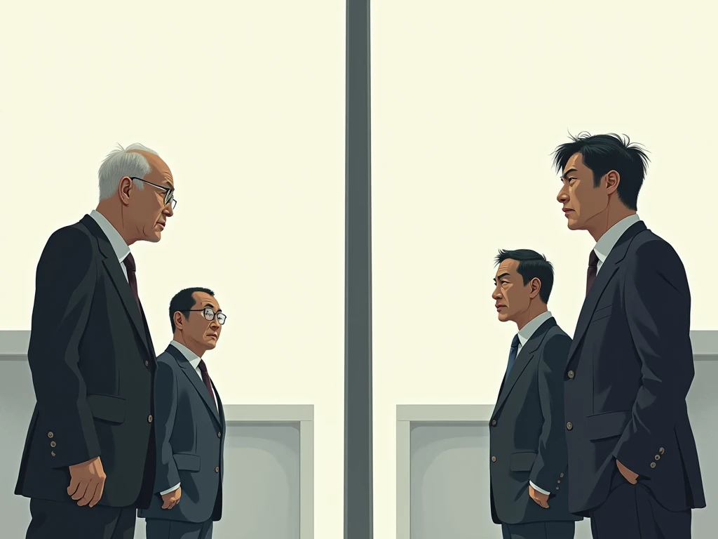 one pole at the center and four Japanese middle-aged businessmen gazing at the pole, the four men are away from the pole, anime