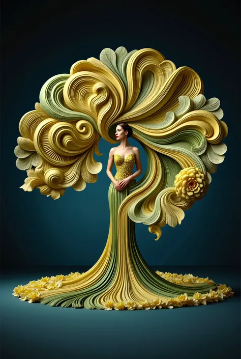(split black white) A full background, minimal collage artwork featuring a wide and long piece of yellowish green color blanket made of small flower petals covering and envelop a part of the body of a beautiful russian ballerina women red lips, small petal...