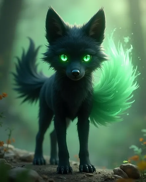 Little black wolf, green eyes, magic creature, phenix tail