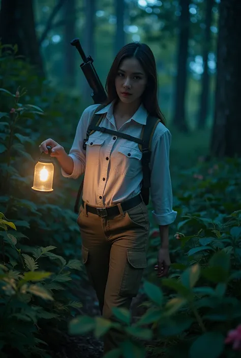 Thai actress,age 27,beautiful,smart,คมเข้ม,wearing ชุดเดินป่าแบบอังกฤษ and white shirt,holding hunter riffle,เดินถือคบไฟสำรวจถ้ำ primeval forest,midnight,image movie style, action scene