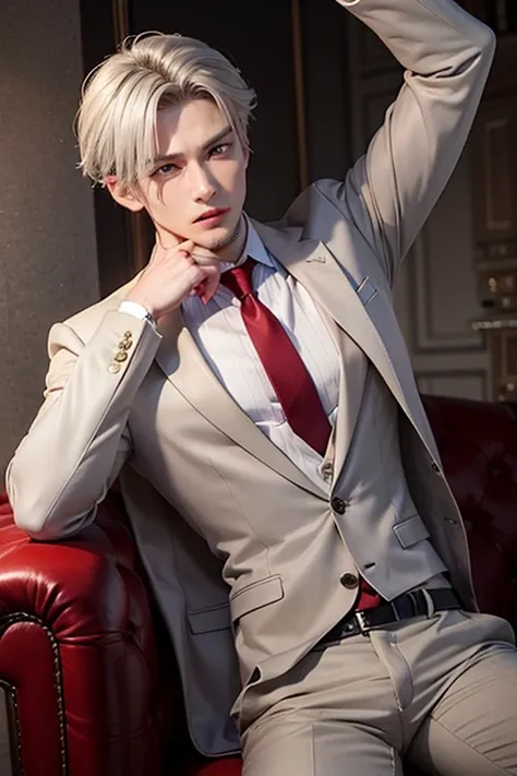 Male, 29 years old, 198 cm tall, works as a mafia, handsome, rich, cold, charming, cunning, likes to exercise, hot-tempered, has a tattoo on his neck, half Russian and half English, wears a suit, short silver hair, green eyes.