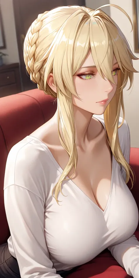 Masterpiece, very aesthetic, vibrant, high contrast, elegant mature woman, artoria pendragon (lancer) (fate), upper body, curvaceous, long sleeve shirt, collarbone, sit on the sofa, sophisticated, dynamic angle, best quality, high saturation, home, semreal...