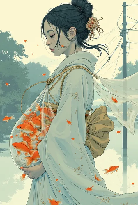 There is a Japanese woman wearing a yukata carrying a bag of goldfish, an  illustration of by Conrad Roset, Tumbler, Serial Art, Conrad Rosette style abstract painting , Kathe Butcher,  Conrad Rosette and Makoto Shinkai , Sachin Ten,  illustration!, ( (  V...