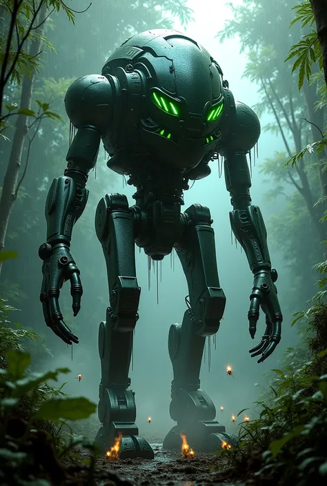 towering biomechanical mech with intricate alien design, standing motionless in the middle of a dense, gloomy rainforest. Rain drips from its metallic exoskeleton, reflecting soft green light from bioluminescent plants. Mist rises from the damp forest floo...