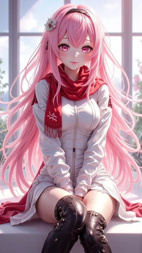  Draw an illustration of a girl with delicate eyes and reflected light in an anime style，With long pink hair 、 pink eyes and a charming smile ， Wearing a white outfit with a red scarf 、 Black thigh boots and a light red touch 。