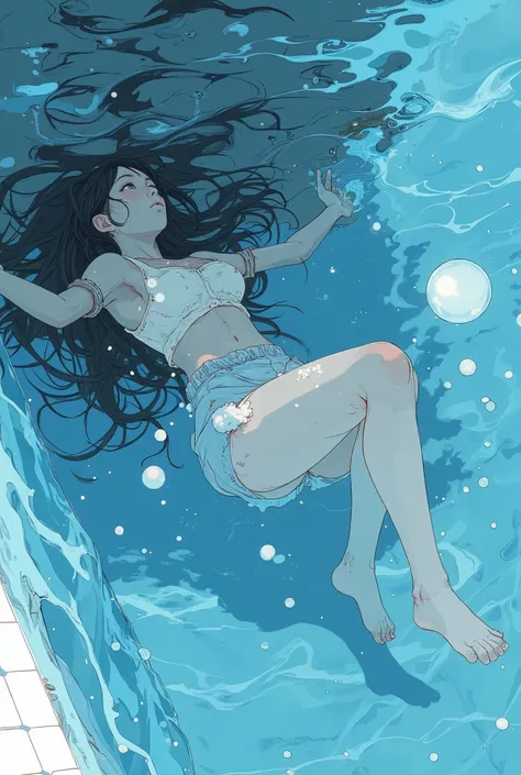  anime drawing of a woman sinking deep into the pool, in a swimming pool, In the waterを漂う, In the waterインク, Lots of bubbles , floating In the water, Woman Levitating,, プールのIn the waterに沈む, In the water,  Frank Quirley  ,  animated drawing of a woman swimmi...