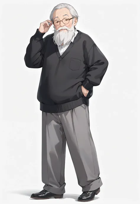 1 Elderly, short white fur ,  brown eyes,  clear slightly arched eyebrows and gray beard、Glasses、 plain white shirt and black sweater , tailored black pants ,  white background ,  Hi-Res,  ultra sharp , 8k,  Masterpiece ,  viewers