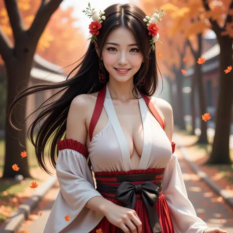 a beautiful mature woman wearing a miko outfit, long flowing black hair adorned with flower crowns, dynamic full body pose, detailed face and eyes, medium bust, happy expression, old style illustration, depth of field, original character, (masterpiece:1.35...