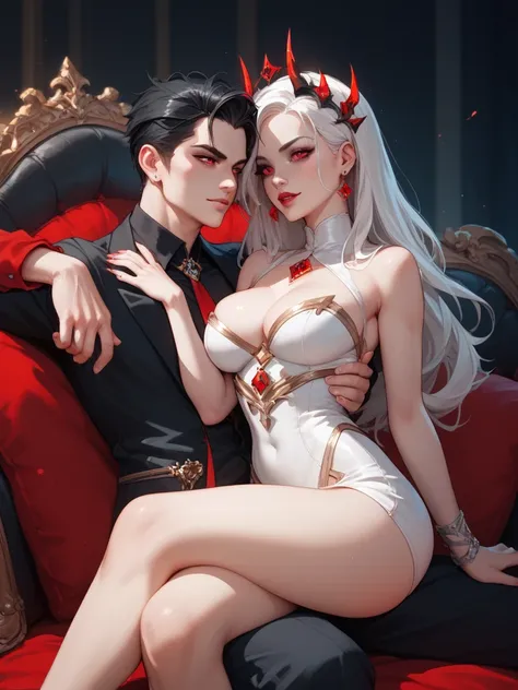 A black-haired woman with red eyes sitting on her lap, a white-haired man with red eyes, sexy,Alluring,Possibly evil