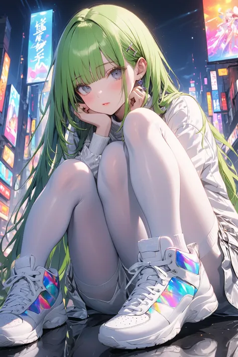 8k resolution, Masterpiece, Master work, semi-realistic, 1woman, close-up on shoes:1.3, from bottom, busty, breasts apart:1.2, small face, scary and beautiful, mad green long hair:1.3, gray eyes, bisque doll, empty expression:1.2, The art style is modern a...