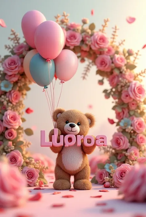 Make a 3D name that says Lupita Romero and a teddy bear who is holding the letters with balloons and roses and roses and roses and a beautiful crown 