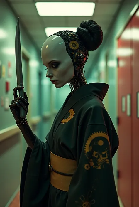 necromechanical female humanoid synthetic android in sinister doll mask in kimono with knife in hand in atrack pose in futuristic dorm corridor, golden gears  atmospheric, ray tracing, coloured pop. gloss fine art.  4k. clockpunk. grunge. horror. fantasy. ...