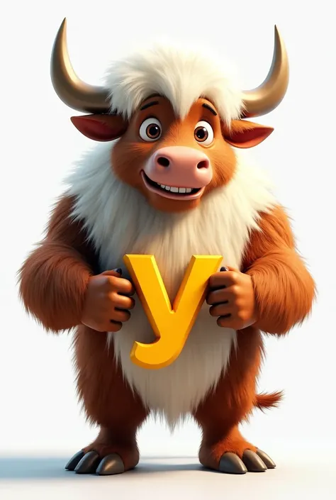 Ultra-detailed, 8K resolution, hyperrealistic non-photorealistic 3D cartoon rendering of a *very fluffy, adult* male adult yak with *long, flowing white fur on its back and head*. The yak stands confidently on its hind legs, its powerful physique on full d...