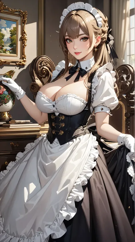 ((  top quality)),(  ultra high resolution),(  very detailed),(  Detailed Explanation ),((  best CG  )),(  BEST ARTWORK  ), Ultra-precise art,  Amazing Painting Art,(Exquisite art:1.5), Maid,  a beautiful and well-groomed face , makeup, Smile, 胸元が大きく切り取られた...