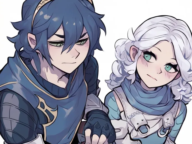 Score_9, 1boy, 1girl, lucina(fire_emblem) blue eyes blue hair blue clothes, the boy has white hair green eyes and armored clothes,