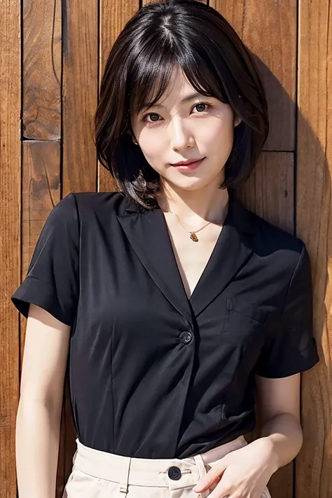 35 year old Japanese woman with short black hair、 open chest shirt、 sexy、 high image quality