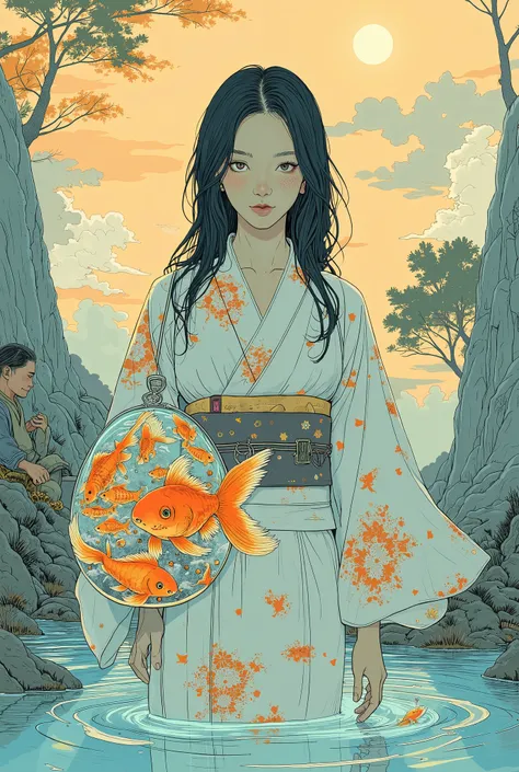 There is a Japanese woman wearing a yukata carrying a bag of goldfish, Conrad Rosette style abstract painting , Kathe Butcher,  Conrad Rosette , inspired  Conrad Rosette ,  Conrad Rosette とマコト・シンカイ ,  animated drawing of a woman swimming in a pool with a ,...