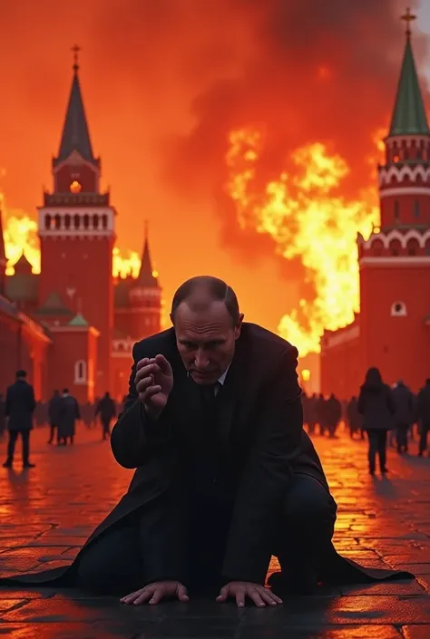 Putin is kneeling on Red Square crying,and the Kremlin is burning in the background 