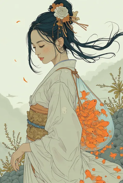 There is a Japanese woman wearing a yukata carrying a bag of goldfish, an  illustration of by Conrad Roset, Tumbler, Serial Art, Conrad Rosette style abstract painting , Kathe Butcher,  Conrad Rosette and Makoto Shinkai , Sachin Ten,  illustration!, ( (  V...