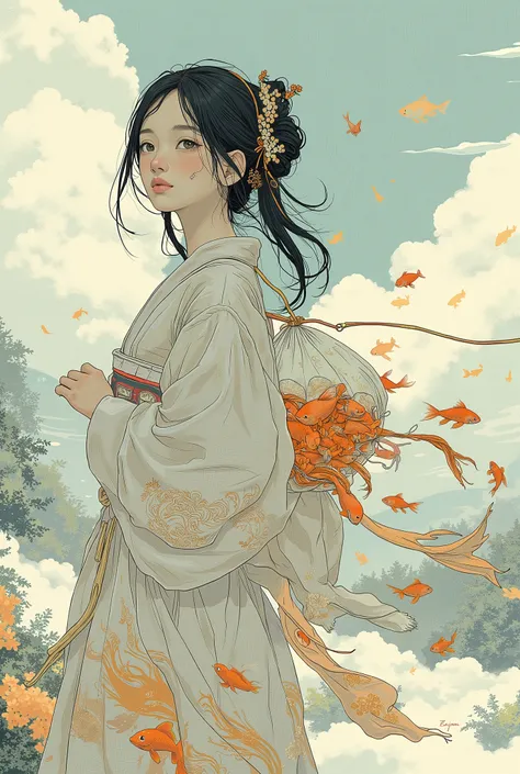 There is a Japanese woman wearing a yukata carrying a bag of goldfish, an  illustration of by Conrad Roset, Tumbler, Serial Art, Conrad Rosette style abstract painting , Kathe Butcher,  Conrad Rosette and Makoto Shinkai , Sachin Ten,  illustration!, ( (  V...