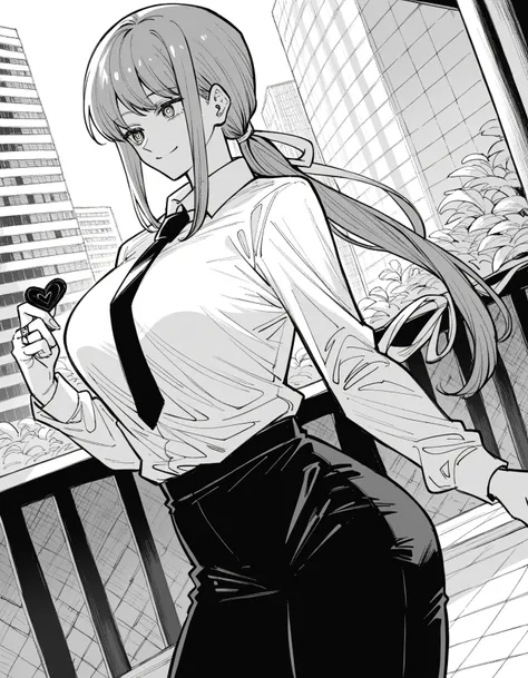 Makima, Makima,  long hair, smile, bangs,  braided,  braideded ponytail,   ring eye  ,   monochrome,  grayscale, big breasts,women
shirt ,  Long Sleeve,  white shirt,  tie, collared shirt,   pants, black   pants, formal,  suit, black  tie,  shirt tucked in...