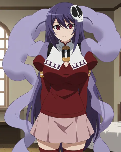 score_9, score_8_up, score_7_up, source_anime, anime screencap, anime coloring, 1 girl, solo, haqua du lot herminium (The World God Only Knows), long hair, hair ornament, purple hair, skull hair ornament, red eyes, big eyes, skirt, thigh highs, school unif...