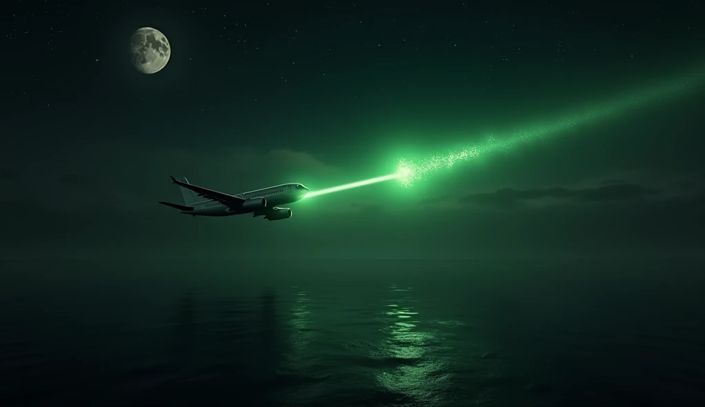  The plane is flying over the black ocean , and a small glowing green object hangs next to him,  resembling a comet or alien ship .  Its body shimmers with all the colors of the rainbow ,  and a stream of light ,  directed directly at the plane .  The wate...