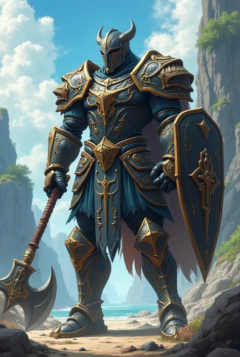 
Create an adventurous anime style tall and strong man with detailed armor with helmet and large square shield and one hand and a large long axe in the other
