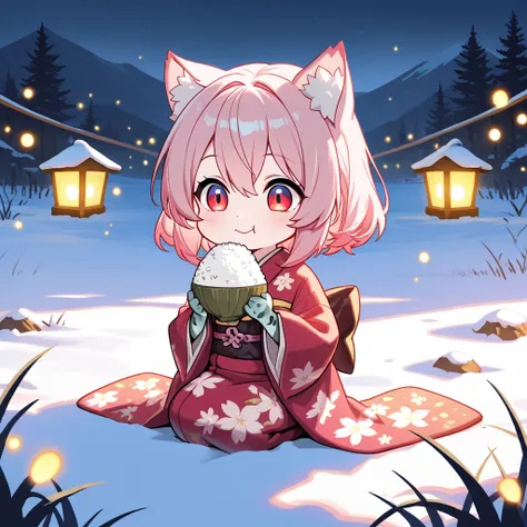  highest quality,   Masterpiece,   Hi-Res,   high detail,   textured skin,Chibi character, 1 girl, pink hair, animal ears, red eyes,  kimono, smile, eating rice balls, firefly light, snowy landscape