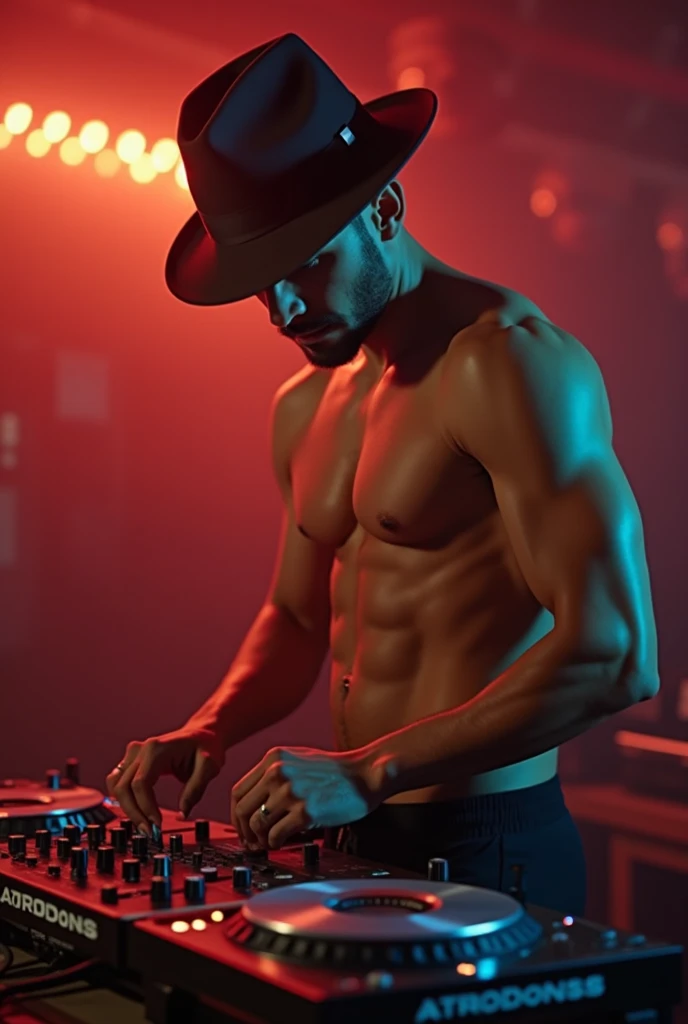 (Photorealism :1.2) hat,  Handsome Colombian man with a good figure,  tanned skin,  marked abs, in thong,  of foot, with a DJ controller ,  Exposing his bulge between his legs ,  cheering up his gay friends with his music ,  also semi-naked .