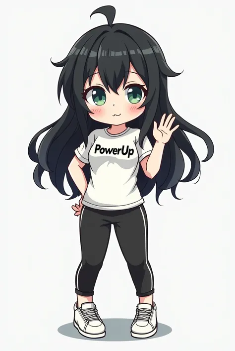  written on the shirt I would like a female character ,  in the chibi anime style ,  black hair and green eyes ,  with a gym outfit ,  with leg pants and top shirt ,  with the word : PowerUp ,  the character has to be white , well drawn,  looking cute ,  a...