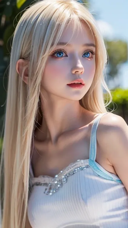 Very beautiful baby face、 super long silky shiny bright natural platinum blonde hair、顔の中央に長いbangs、 cute sexy little very beautiful girl、 very beautiful extremely bright mint sky baby blue very bright light blue eyes、very beautiful blonde 、 Blonde above one...