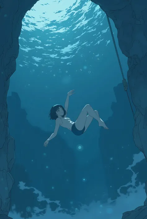  anime drawing of a woman sinking deep into the pool, in a swimming pool, In the waterを漂う, In the waterインク, Lots of bubbles , floating In the water, Woman Levitating,, プールのIn the waterに沈む, In the water,  Frank Quirley  ,  animated drawing of a woman swimmi...