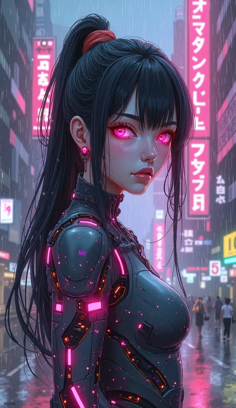 Sketch, neo robot, ahegao, cundere, sakura, rain, neon, neo japan, popular female anime character, cyberpunk