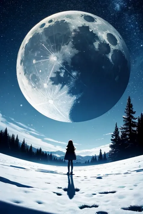  highest quality,Big moon and shadow,A silhouette of a person can be seen against the backdrop of a large moon.,There is one full moon,There is a mood, beautiful scenery, starry sky 