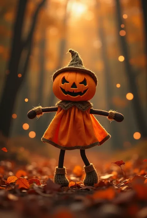 "A high-definition image of a pumpkin doll dancing joyfully. The doll has a carved jack-o'-lantern head with a cheerful expression, a small straw hat, and a cute fabric body with stitched arms and legs. The background is a magical autumn forest with glowin...