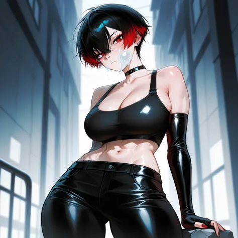 1girl, black short hair with a red gradient on the tips, tomboy, large breasts, black choker, red eyes, crop top, leather gloves, elbow gloves, eyeliner, large thighs, nose piercing, eyebrow piercing, fingerless gloves

masterpiece, best quality, amazing q...