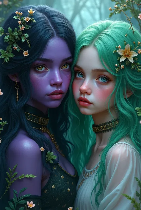 Two girls a dark purple girl and a green haired girl 