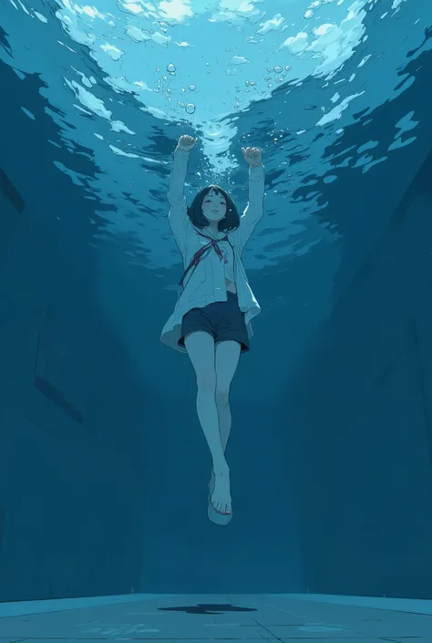  anime drawing of a woman sinking deep into the pool, in a swimming pool, In the waterを漂う, In the waterインク, Lots of bubbles , floating In the water, Woman Levitating,, プールのIn the waterに沈む, In the water,  Frank Quirley  ,  animated drawing of a woman swimmi...