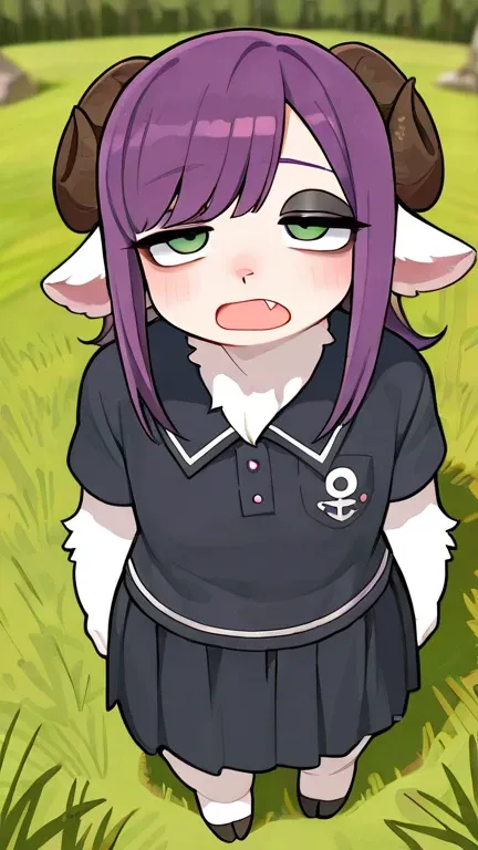  better quality，Hairy，fine fur， green eyes，One，male，全身Hairy， Fluffy fur， purple hair ，white fur，swept-back bangs， thick hips ,  thick,  boring ，fang，shaded, sheep horns, sheep ears，black eyeshadow，medium-length hair，stands in the field, Hairy雄性， anime styl...