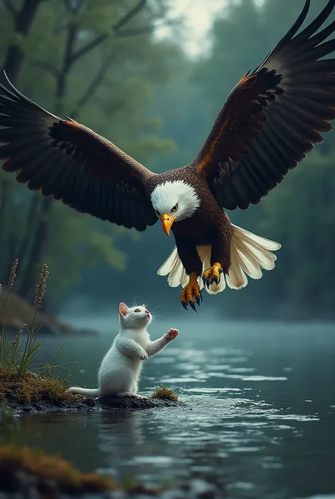 Scene 8: The Eagle Captures the Kitten
Characters: A majestic eagle swoops down and captures the white kitten in its sharp talons, carrying it away into the sky. The kitten looks up at the eagle with fear and panic in its eyes.

Setting: The same serene an...